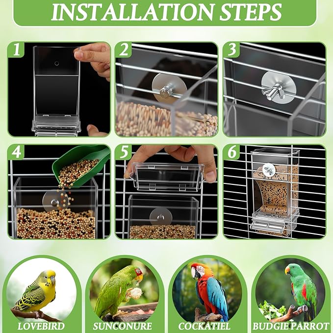 Novabright 7 Pcs No Mess Bird Feeder Water Dispenser Set Include Automatic Parakeet Feeder and Drinker with Bird Paw Grinding Stick Cage Accessories for Small Medium Cockatiel Lovebird(Classic,Clear)