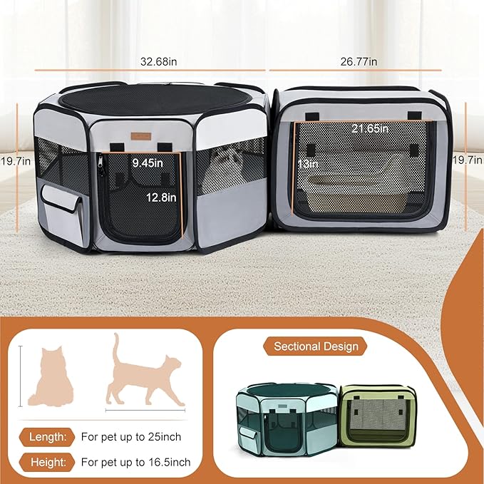 Lekereise Portable Cat Playpen, 61" × 19" Cat Playpen, 2-in-1 Dog Playpen Indoor Outdoor for Cats, Puppies and Small Pets, Independently Usable, with a Carry Bag