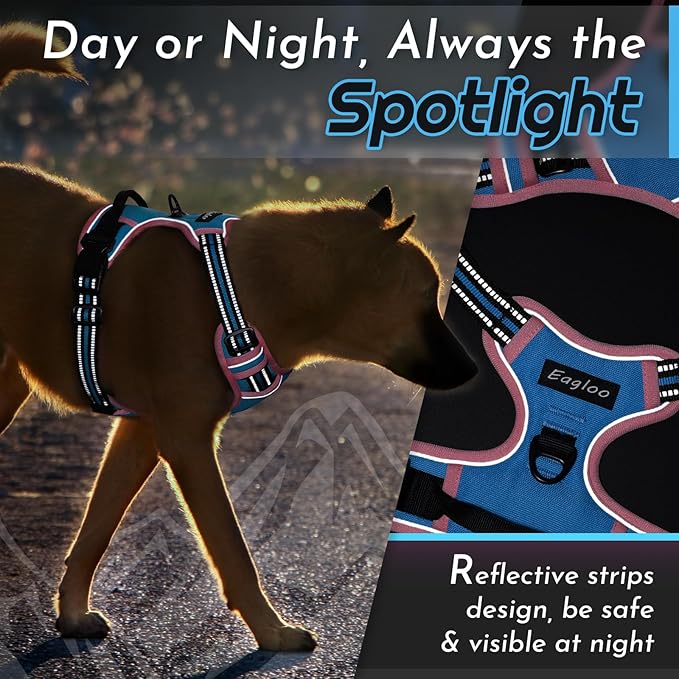 Eagloo Dog Harness for Large Dogs, No Pull Service Vest with Reflective Strips and Control Handle, Adjustable and Comfortable for Walking, No Choke Pet Harness with 2 Metal Rings, Pink & Blue, L
