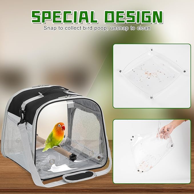 Small Bird Carrier, Large Window Travel Cage with Stand and Easy Clean Tray for Parrot Parakeet Cockatiels, Lightweight and Portable, Black