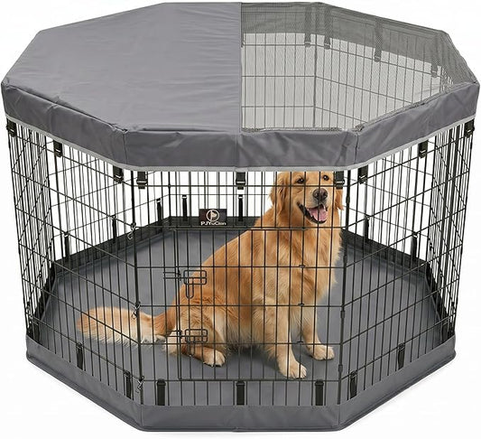 PJYuCien Dog Playpen with Top Cover and Bottom Pad - Metal Foldable Exercise Pen, 8 Panels 42" H x 24" W Indoor Outdoor Pet Fence Puppy Crate Kennel, Gray