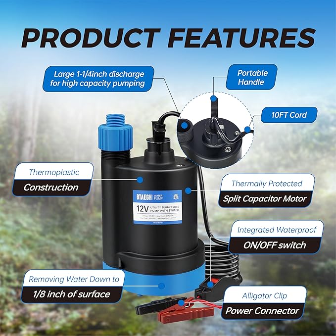 12V Submersible Water Pump 1500GPH Small Sump Pump Thermoplastic Portable Transfer Utility Pump Clean for Swimming Pool Basement Garden Pond