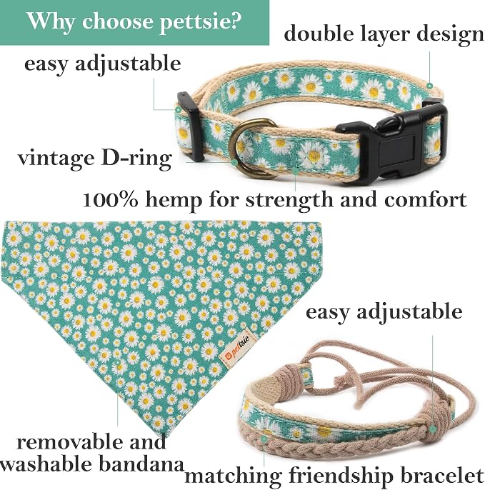 Pettsie Hemp Dog Bandana Collar & Matching Owner Friendship Bracelet | Adjustable, Durable Hemp, Soft & Comfortable, Includes Matching Friendship Bracelet, Secure D-Ring, Green
