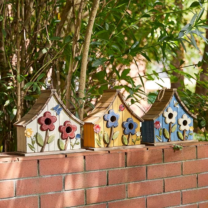 Glitzhome Bird Houses for Outside, 10.75" L Distressed Solid Wood Hanging Birdhouse with 3D Flowers Rustic Two-Story Townhouse Hand-Painted Garden Bird Houses for Outdoors,Washed White
