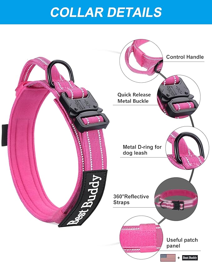 AUBELL Tactical Dog Collar and Leash Set, Reflective Adjustable Heavy Duty Military K9 Collars with Handle and Metal Buckle for Medium Dogs, with Airtag Case and 2 Patches(Pink,M)