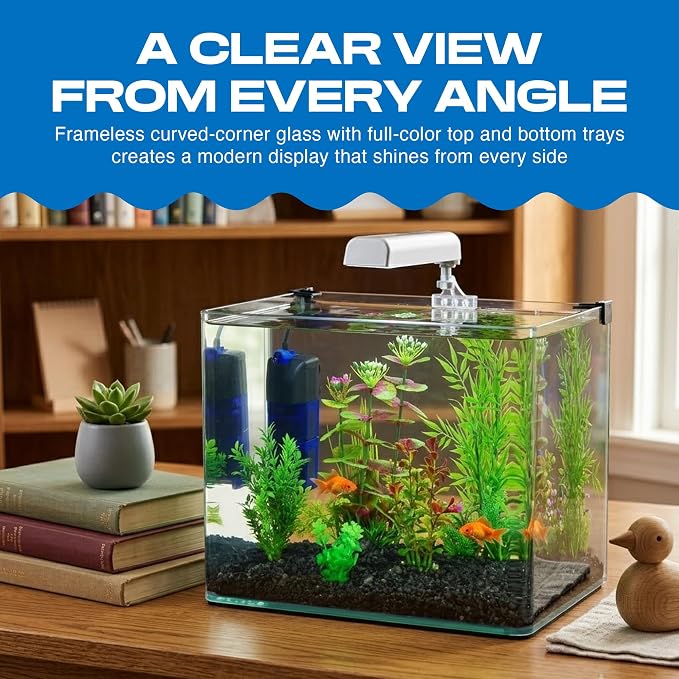 PENN-PLAX Water-World Radius Desktop Nano Aquarium Kit – Come with LED Light, Internal Filter, and Mat – Perfect for Shrimp and Small Fish – 5 Gallon Tank
