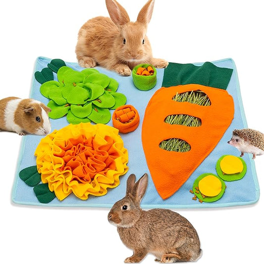 Rabbit Hay Feeder - Interactive Polar Fleece Pet Foraging Mat Toy Indoor for Guinea Pig Bunny Chinchillas Hamster Ferrets Small Animals - Anti Slip Feeding Mat Treat Dispenser Machine Washable