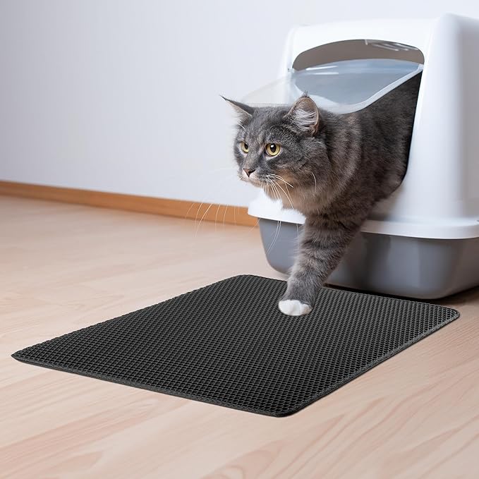 Cat Litter Mat - 24x15 Waterproof Litter Box Mat with Dual-Layer Honeycomb Design for Trapping Litter - Slip-Resistant Cat Mat by PETMAKER (Black) (Pack of 2)