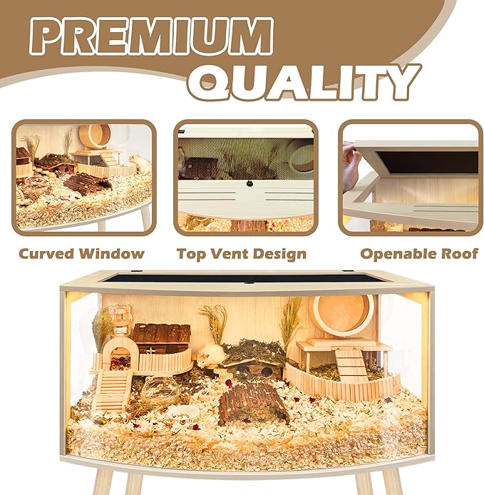 Prolee Hamster Cage with Curved Design,Chew Proof Wooden Hamsters Enclosure with Leg Stand and Openable Top or Gerbils,Hamster Habitat (32"x16"x16")