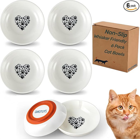 Whisker Friendly Cat Bowls 6 Pack – Non-Slip Ceramic Cat Food Bowls, Shallow Wide Design to Reduce Whisker Fatigue, Dishwasher & Microwave Safe, Heart Pattern
