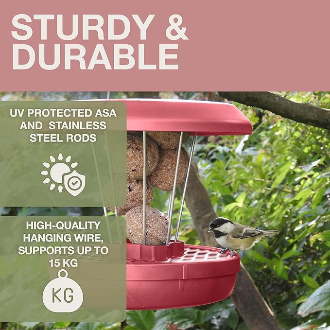 SWISSINNO Bird Feeders - No Mess Fat Ball/Suet Feeder for Outdoors Hanging - Smart Birds Lucerne Spill Proof Wild Cardinal Bird Feeder with Integrated Seed Catcher Tray - Dusty Rose