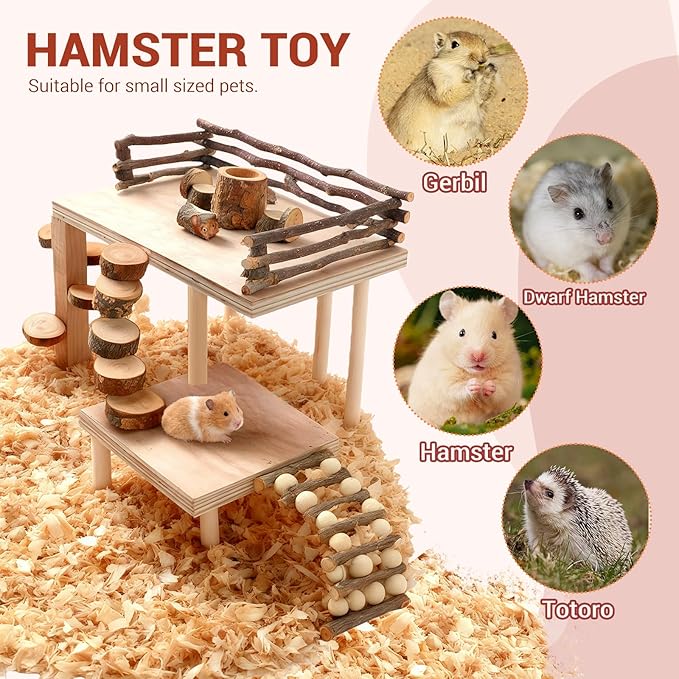 VolksRose Wooden Hamster Playground Platform, Hamster Climbing Toy, Natural Living Climb System, Small Animals Activity Set with Ladder Food Bowl Ramp Bridge for Mouse Gerbil Rat Chinchilla