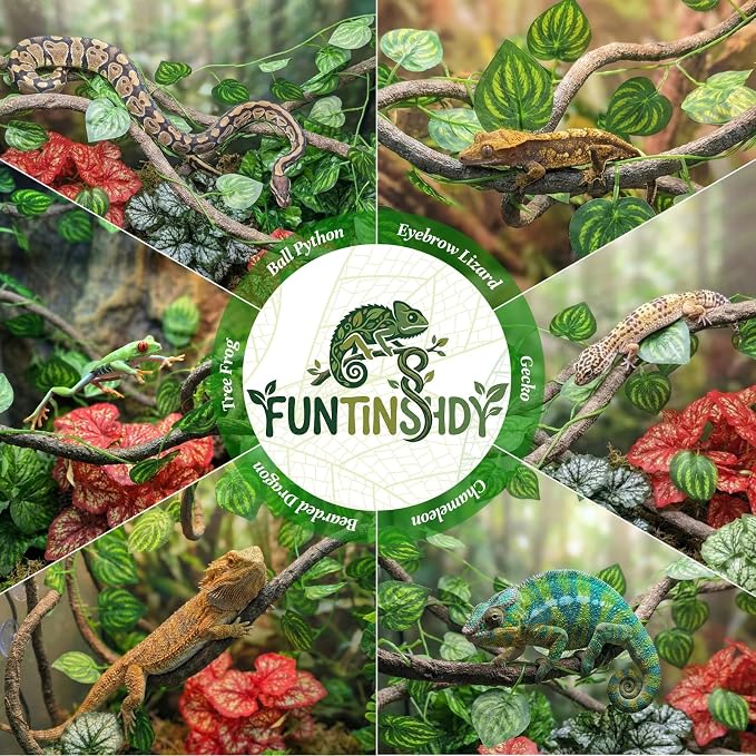 5 Pc Reptile Plants & Habitat Decor Kit - 3 Artificial Plants & Large 3.3ft Jungle Vine Branch, Amphibian Habitat Hideout Decor Accessories for Crested Gecko, Bearded Dragon, Lizard, Snake,Hermit Crab