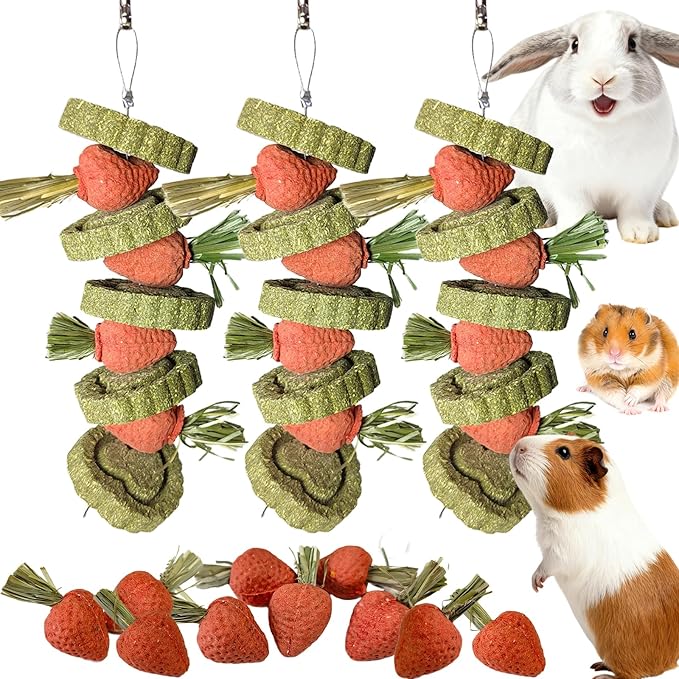 Bunny Chew Toys Guinea Pig Chew Toys for Teeth Grinding Rabbit Treats Natural Timothy Grass Cake Strawberries for Guinea Pigs Chinchillas Bunny Hamster (3 Pcs)