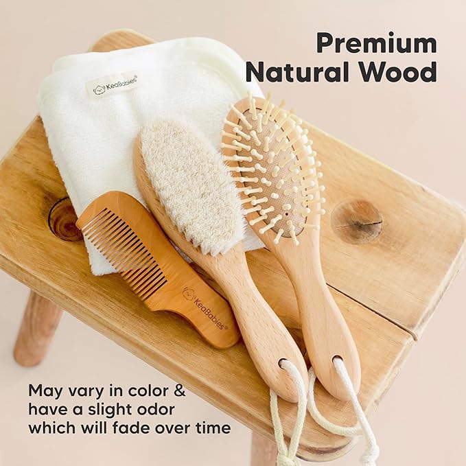 Baby Hair Brush Set for Newborns - Soft Goat Bristle Wooden Baby Brush and Comb Set Newborn Grooming Kit for Cradle Cap, Durable & Gentle, Boy, Girl Infant Essentials Care Kit (Regular, Walnut)