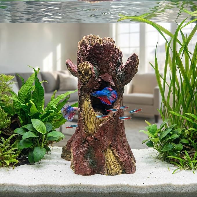 DECHOUS Aquarium Decor Resin Hollow Tree Trunk, Fish Tank Hideout Cave Simulation Driftwood Root Terrarium Accessories for Betta Fish, Shrimps, Reptiles Amphibians