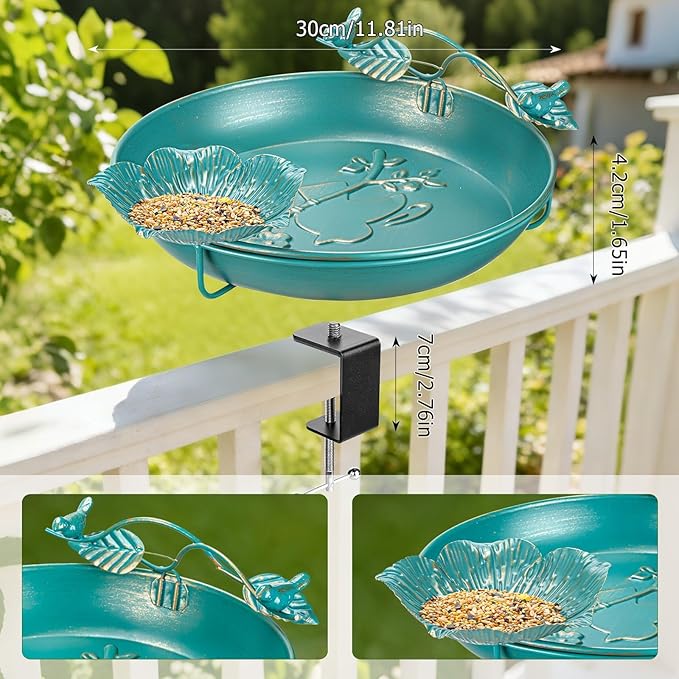 Mellbree Bird Bath Deck Mounted 12", Balcony Fence Railing Clamp Birdbath with Perch & Feeder Bowl Metal Lake Blue with Gold Gilding, Detachable Multi-Functional Balcony Railing Bird Bath