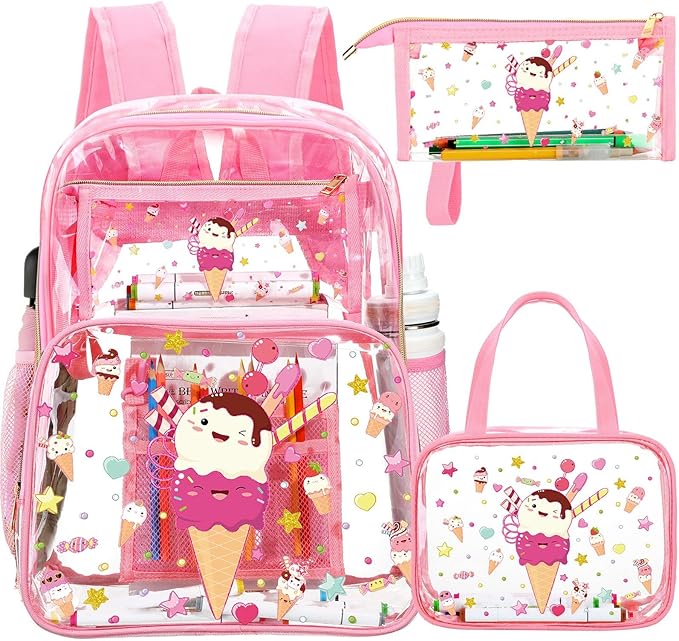 Kacctyen 3 Pcs Clear Backpack Heavy Duty Clear Stadium Bag Transparent Backpack with Lunch Bag(Pink,Ice Cream)