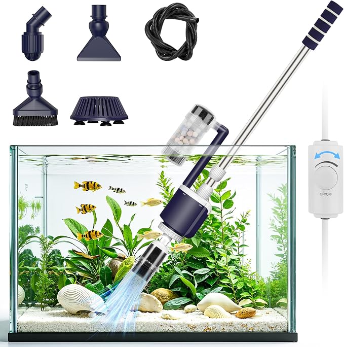 AQQA 600 GPH Electric Aquarium Gravel Cleaner 6-in-1 Fish Tank Vacuum | Cleaner & Water Changer with Stainless Steel Handle & 3-Stage Filter Cup for Turtle Tanks, Adjustable Flow 34W