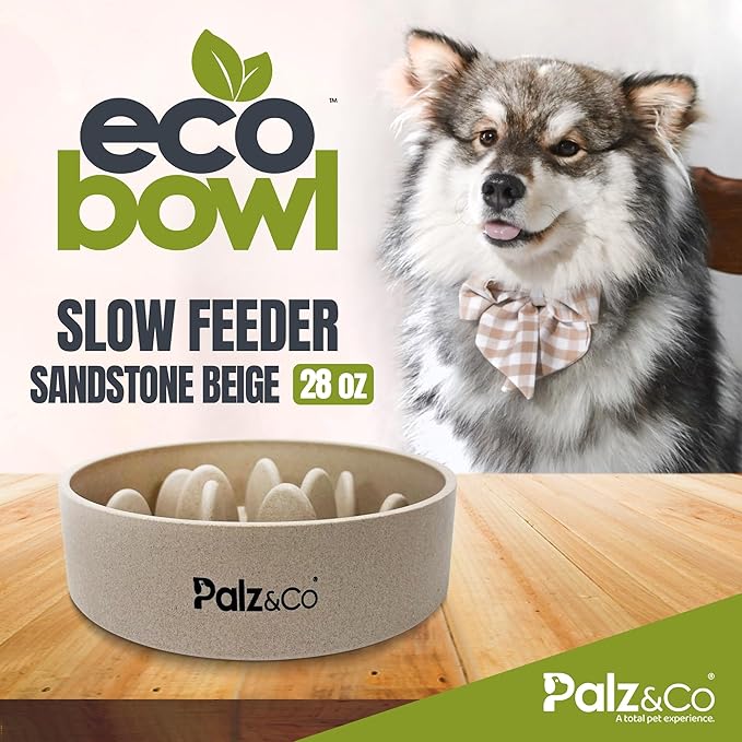 Palz&Co EcoBowl Slow Feeder for Dogs & Cats, 28 oz Beige - Natural Bamboo Puzzle Pet Bowl with Non-Slip Base for Slower Eating & Better Digestion, Dishwasher Safe
