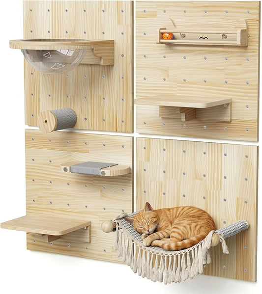 Ardilla & Co. Cat Wall Furniture – Wall-Mounted Modular Wooden Boards with 7 Moveable Accessories, Cat Wall Shelves, Hammock, Climber Steps, Perches, Walkways, Toy & Acrylic Bowl!