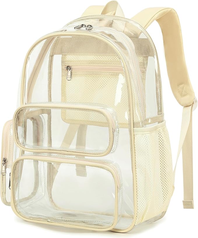 CAMTOP Clear Backpack Heavy Duty Transparent Bag for Stadium Events See Through BookBag for Student School Work Festival Sport Travel (Beige)