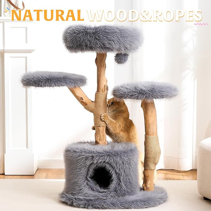 HITTITE Natural Wood Cat Tree Tower with Scratching Post, 40 Inches Tall Modern Cat Tower with Cozy Bed and Condo, Luxury Real Branch Cat Tree for Indoor Cats Large Adult, Grey.