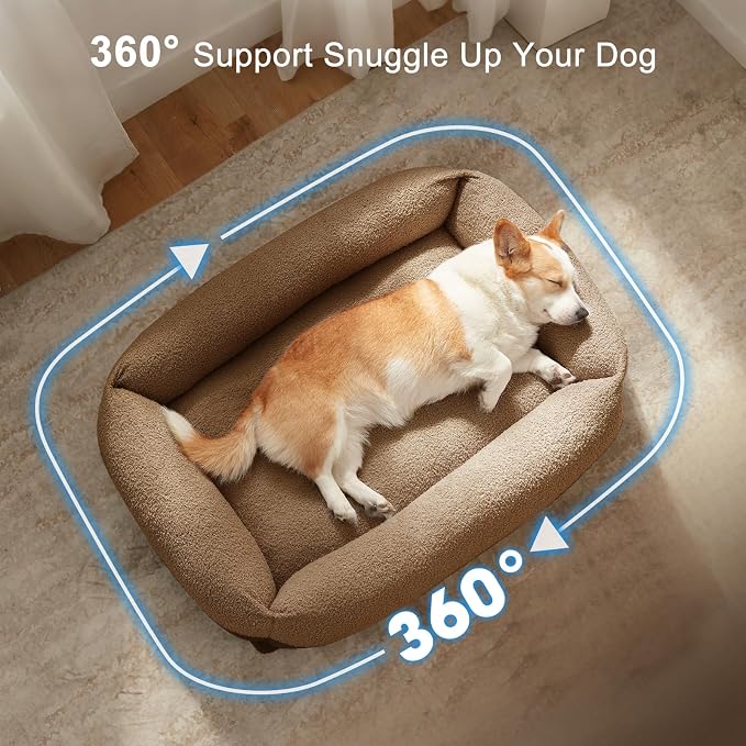 FURTIME Washable Dog Bed Medium Size Dogs, Rectangle Comfy Fluffy Small Dog Bed, Removable Zipper Cover Machine Wash, Orthopedic Bed Durable Pet Cuddler with Anti-Slip Bottom, 25x21x7 in, Brown