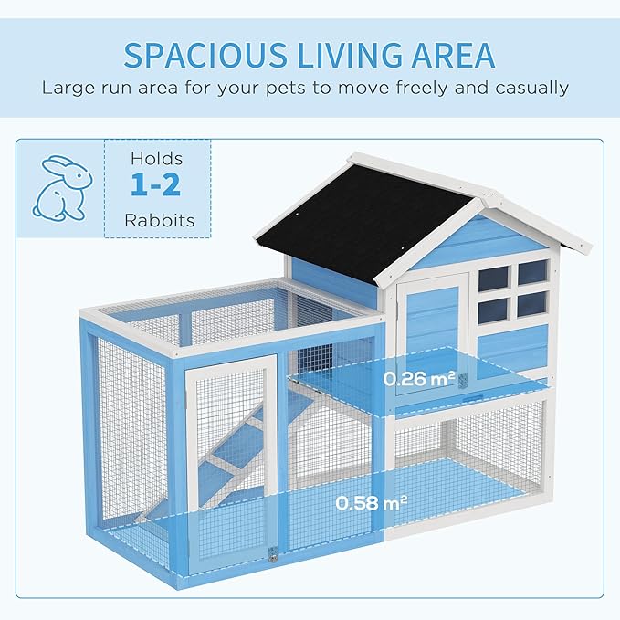 PawHut 49" Wooden Rabbit Hutch Bunny Cage with Waterproof Asphalt Roof, Fun Outdoor Run, Removable Tray and Ramp, for Rabbits, Chickens, Ducks, Light Blue