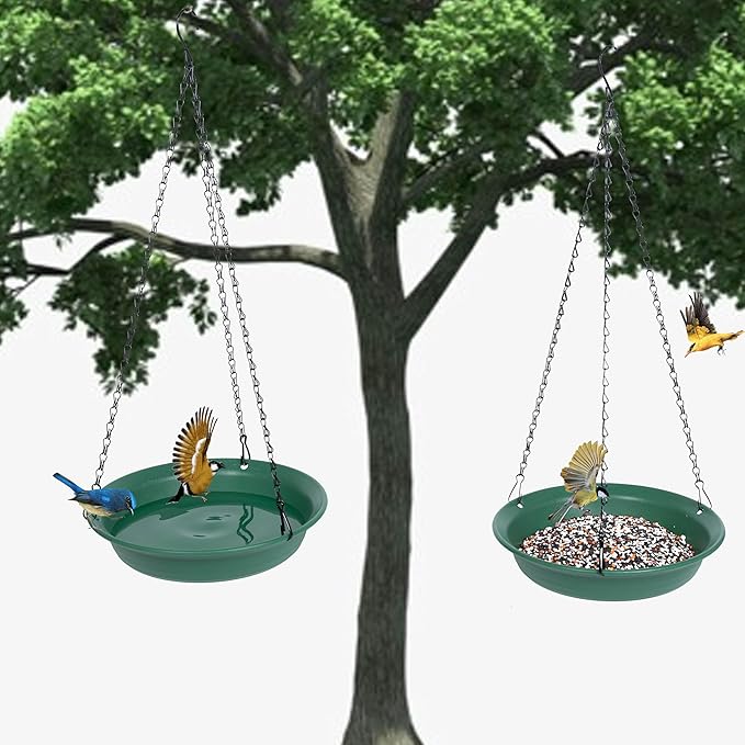VUWEZ Hanging Bird Feeder & BirdBath for Outdoors, Wild Bird Feeders Tray, Hanging Birdbaths Trays for Outside, Cardinal, Blue Jay, Crow, Birdfeeders Outside (12", 1 Pcs with Hole & 1 Pcs No Hole)