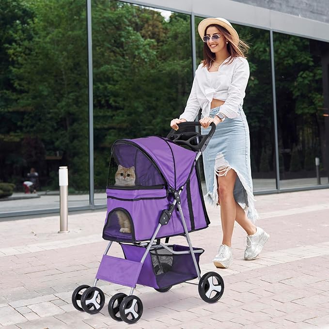 ZENY Foldable Pet Stroller, Cat/Dog Stroller with 4 Wheel, Pet Travel Carrier Strolling Cart with Storage Basket, Cup Holder (Purple)