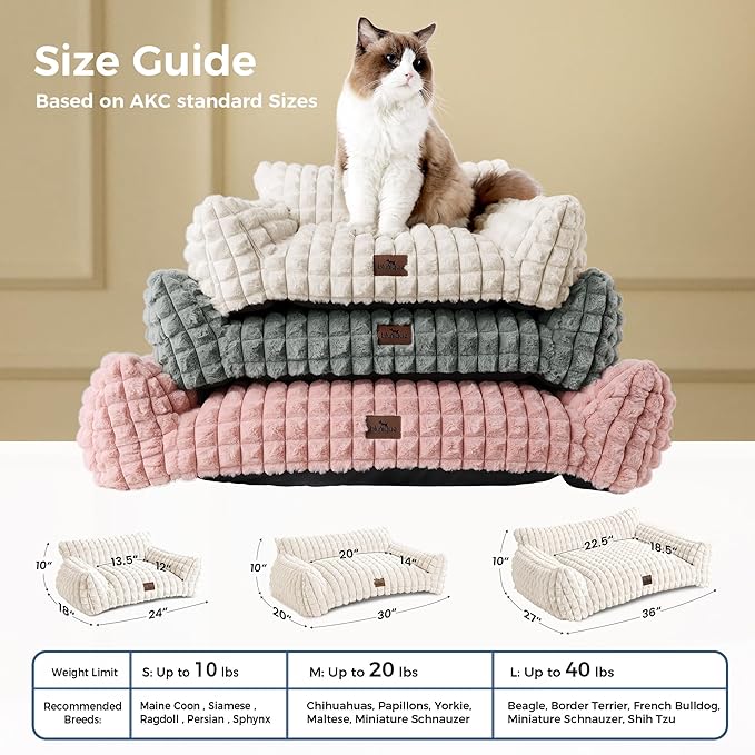 Cute Dog Beds for Small/Medium Dogs/Cats, Washable Dog Sofa Faux Rabbit Fur Pet Bed, Supportive Dog Couch with Removable Zipper Cover for Indoor Cats/Dog, 30 x 20 x10inch, Off White