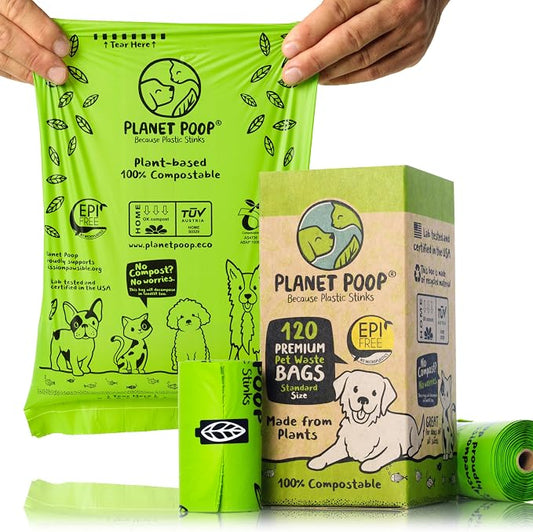 PLANET POOP Home Compostable Dog Poop Bags on Refill Rolls, 120 Un-Scented Pet Waste Bags, Thick Leakproof Plant-Based Doggy Bag, Cat & Dogs Supplies