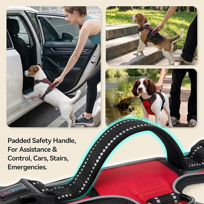 PHOEPET Reflective Dog Harness No Pull Large Breed Vest with 2 Metal Leash Attachment Hooks(XL, Red)