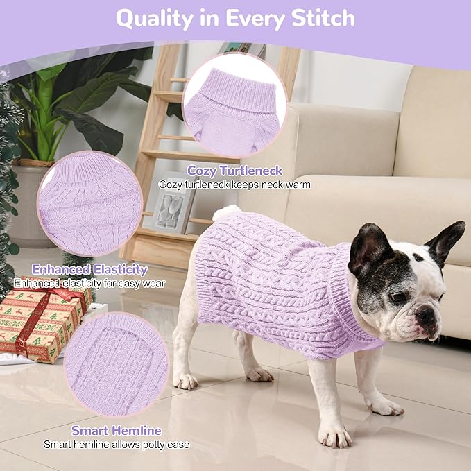 2 Pack Dog Sweaters for Medium Dogs Winter Turtleneck Pullover Cable Knit Fleece Stretch Frenchie Dachshund Pug Corgi Beagle Boy Girl Pet Clothes (L, Pink & Purple)