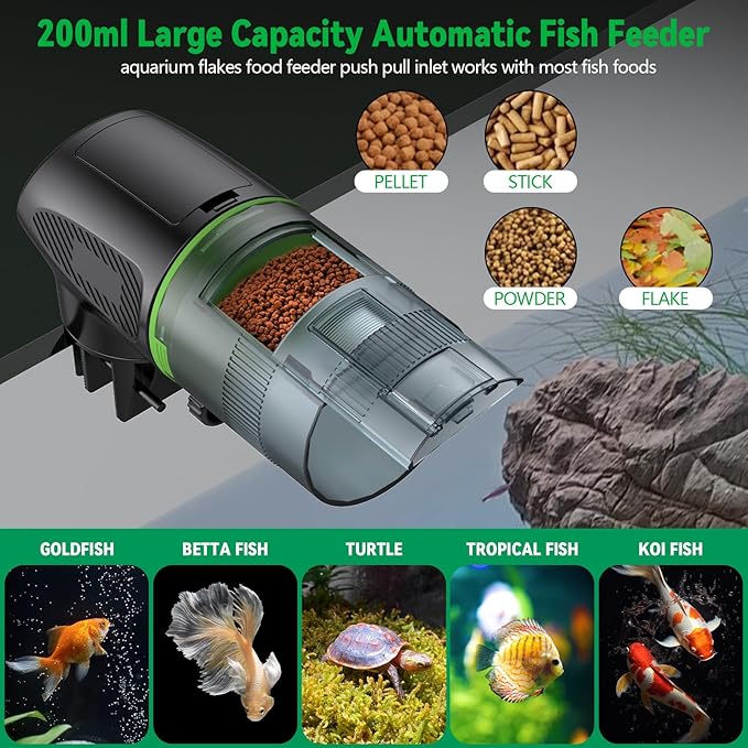 Automatic Fish Feeder for Aquarium, Auto Food Dispenser with Timer, 200 ml Fish Feeder for Pellets Granules & Strips, 360° Rotation Automatic Fishs Dispenser for Small Tank, Big Aquariums & Pond