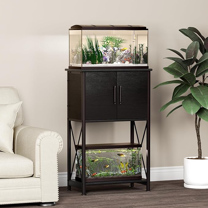 Herture 5-10 Gallon Fish Tank Stand, Metal Double Aquarium Stand with Cabinet for Fish Tank Accessories Storage, Heavy Duty 20.5" L* 11.02" W Tabletop, 500LBS Capacity Black PG06YGB