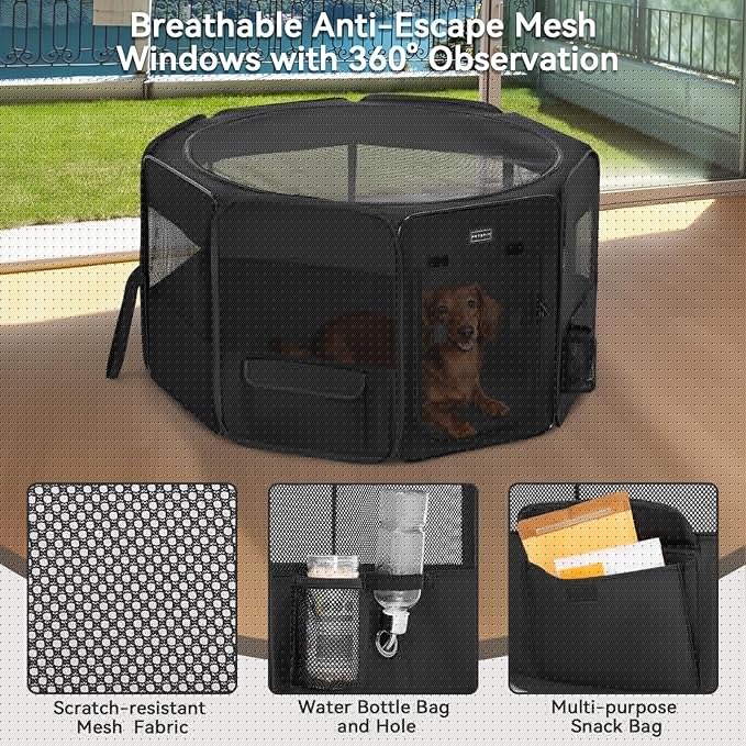 PETSFIT Portable Dog Playpen,36" Dog Play Pen Indoors with Removable Waterproof Mat & Zippered Roof | RV, Camping, Travel Dog Pen | Whelping & Cat Observation Space(36" L x 36" W x 21" H)