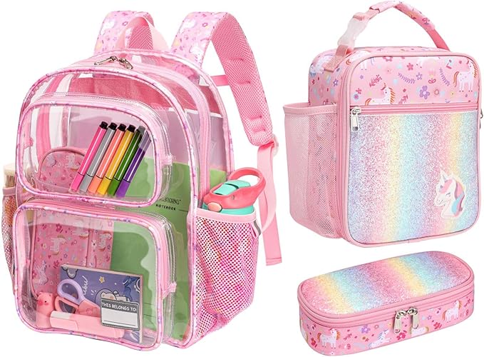 Bagseri 3pcs Clear Backpack for Girls - 15 Inch School Bag Set with Lunch Box and Pencil Case, Heavy Duty Transparent Bookbag for Kindergarten to Grade 2, Pink Unicorn