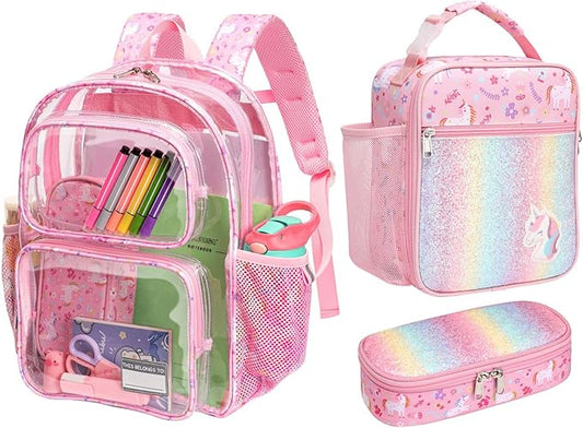 Bagseri 3pcs Clear Backpack for Girls - 15 Inch School Bag Set with Lunch Box and Pencil Case, Heavy Duty Transparent Bookbag for Kindergarten to Grade 2, Pink Unicorn