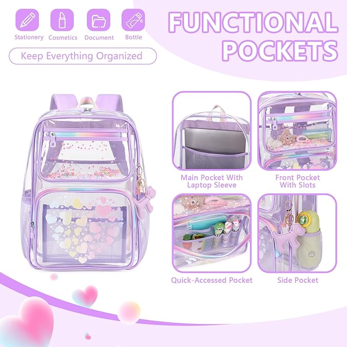 MOONBABY Clear Backpack for School Girls, Heavy Duty TPU Transparent Backpack Stadium Events Approved, Clear Bookbag