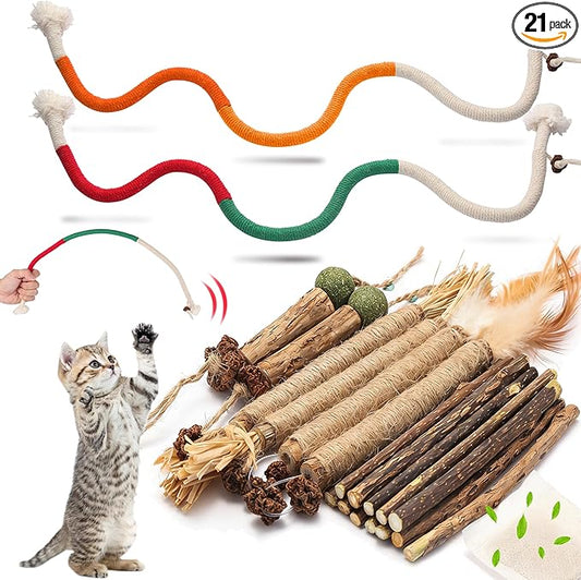 Cat Chew Toys Cat Toys, Silvervine Sticks for Cats Teeth Cleaning Rope, Kitten Teething Dental Care, Kitty for Indoor Cats Increase Appetite, Enhances Oral & Dental Health (21 Pack)