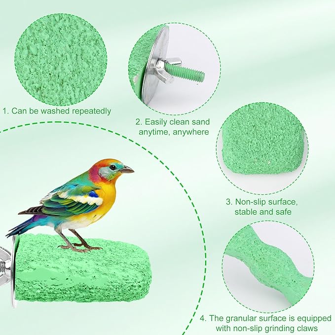 2pcs Anti-Slip Bird Beak Grinding Stones, Washable Resin Bird Beak Trimmer & Nail Filing Stand Platform Cage Accessories for Parrots Budgies Cockatiels Parakeets (Green)