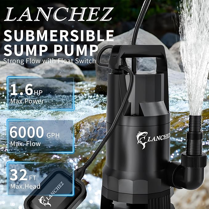 LANCHEZ 1.6HP 6000GPH Sump Pump, High Flow Submersible Water Pump with Float Switch, Automatic Transfer Water Pump for Swimming Pool Basement Flooded Pit Sewage Sink Tub, Black