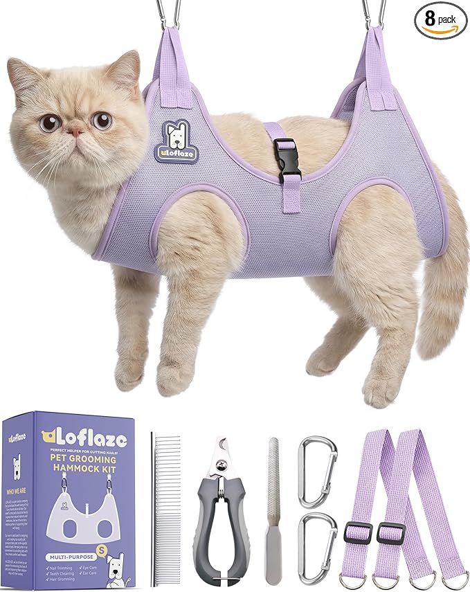 Loflaze Dog Grooming Hammock Harness for Dogs & Cats with Pet Nail Clipper Trimmer - Cat Hanger Sling for Trimming Clipping Nails- Dog Hammock Restraint Bag for Small Medium Large pet （ Purple S）