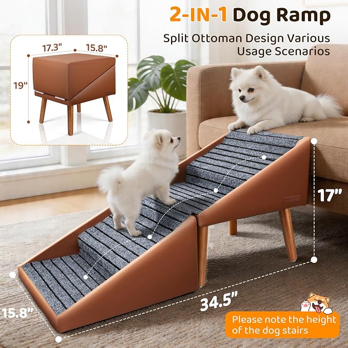 Dog Stairs for Small, Medium, Large Dogs & Cats, 17" H 4‑Step Foldable 2‑in‑1 Wooden Pet Steps with Split Ottoman Design, Non‑Slip Dog Ramp for Couch Bed Sofa for Puppy Senior Injured Pets