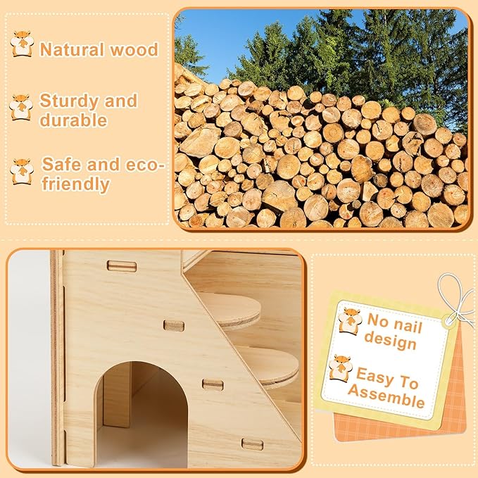 PETKNOWS 2 Pack Hamster Houses and Hideouts, Easy to Assemble Wooden Hamster Castle Small Animal House Bed with Stairs