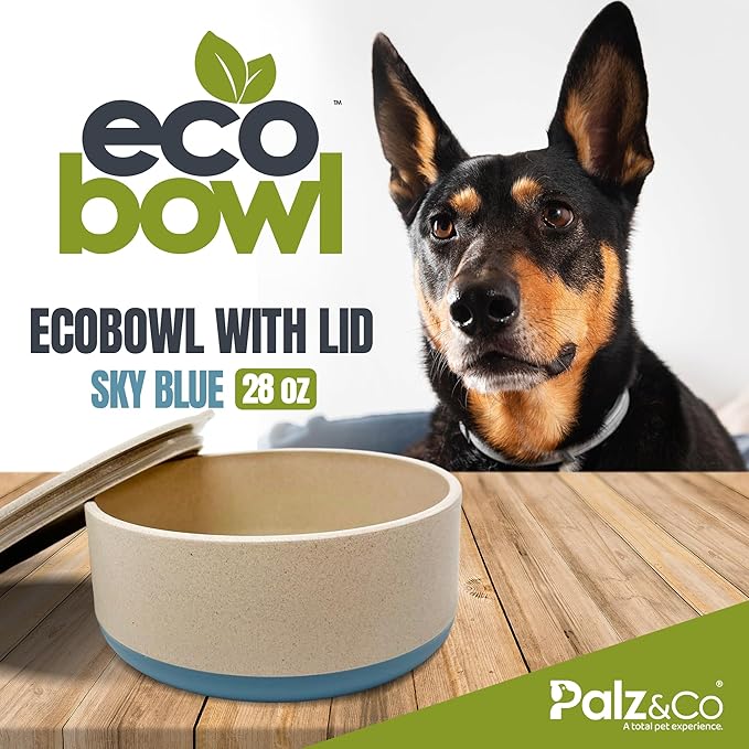 Palz&Co EcoBowl with Lid for Dogs & Cats, 28 oz Blue - Natural Bamboo Pet Bowl with Non-Slip Base, Pet Food and Water Dish, Dishwasher Safe