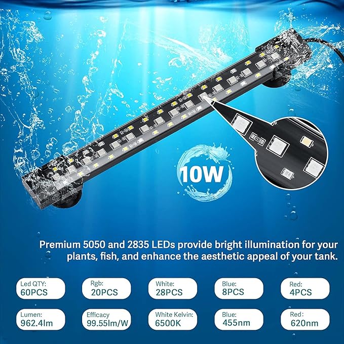 hygger 24/7 Mode Submersible Aquarium LED Light, Full Spectrum Hidden Fish Tank Light with 3 Rows Beads 7 Colors Auto On Off Sunrise-Daylight-Moonlight, Adjustable Timer Brightness