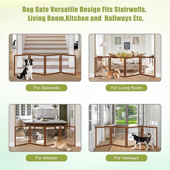 LZRS Extra-Wide Clear Dog Gate for Indoor Use - Transparent Pet Fence with Solid Hardwood and Plastic Board, Stylish & Durable freestanding Pet Gate for Doorways, Stairs and Hallways-4 Panel Cherry